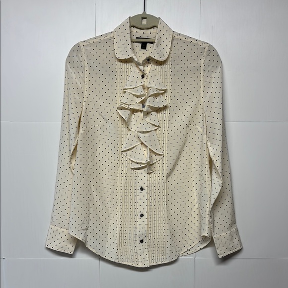 J. Crew Cream and Black Polka Dot Silk Tuxedo Ruffle Button Down Shirt Size 2 - Picture 3 of 9